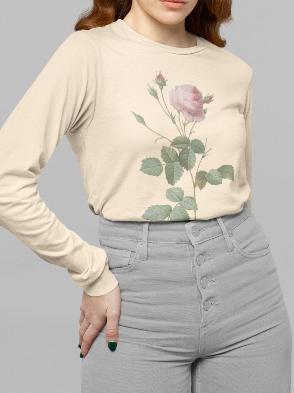 Rose Vintage Floral Print Long Sleeve Graphic Tee T-shirt S-XXL